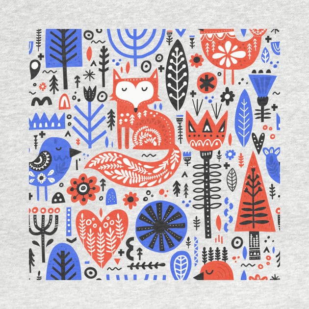 Slavic Folk Pattern with Fox and Bird by SybaDesign